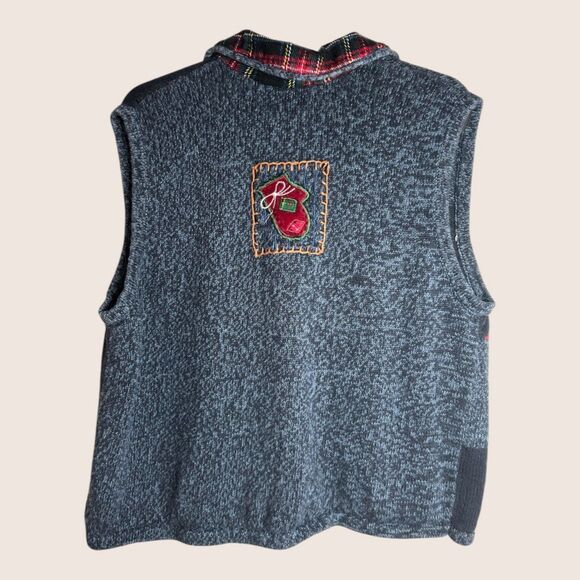 🎄 VTG UGLY CHRISTMAS SWEATER VEST ZIP UP STUDIO FA LA LA XL HEATHER BLUE PLAID - Picture 2 of 5